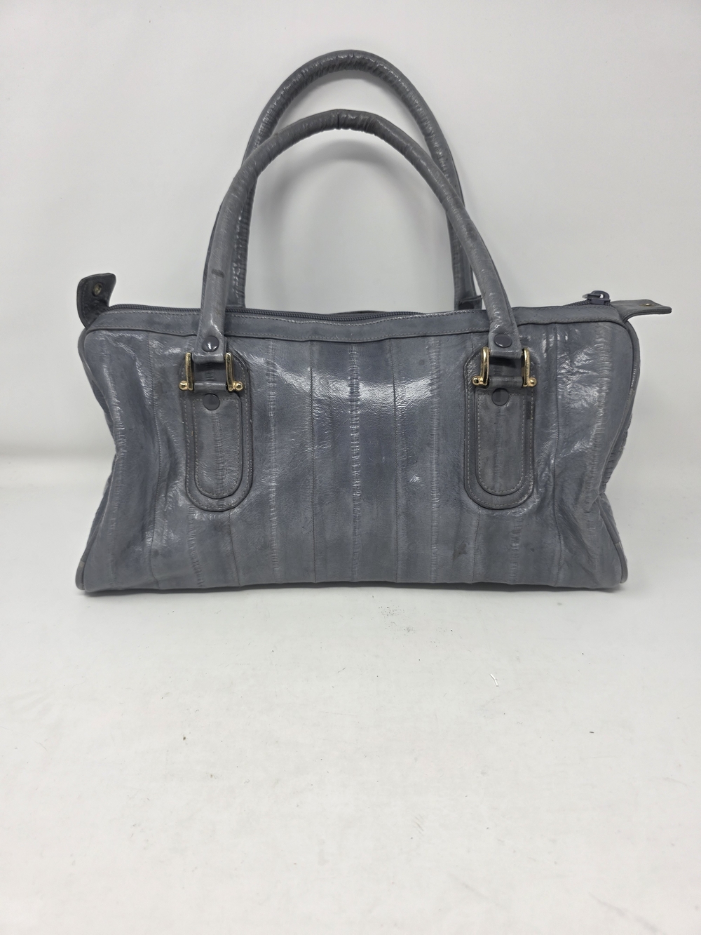 Vintage Genuine Eel Skin Leather Satchel Shoulder Bag Slate Gray Blue Korea